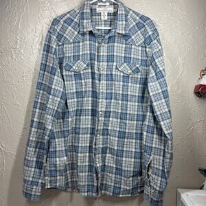 Label of Graded Goods H&M White Blue‎ Snap Button Cotton Plaid Shirt Mens Sz XL